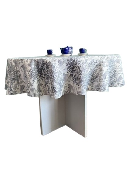 Jakarlı Dokuma Kumaş Yuvarlak 160 X 160 Masa Örtüsü Gri Ağırlıklı