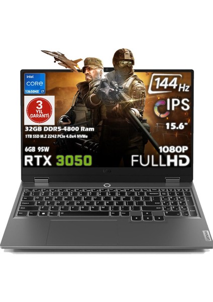 LOQ 15IRX9 Intel Core i7 13650HX 32GB 1TB SSD RTX 3050 6GB (95W) 15.6" FHD 144Hz IPS Panel Freedos Taşınabilir Bilgisayar 83DV011BTR