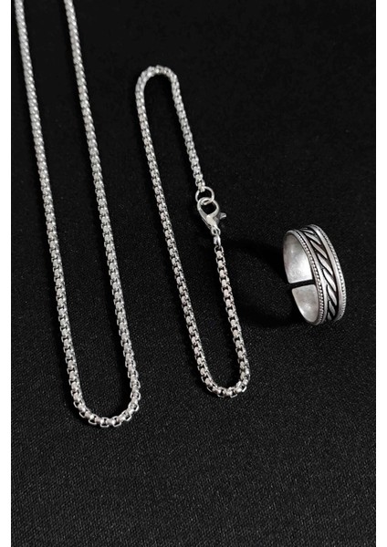 Çizgi Şerit Desenli Gümüş Kaplama Ayarlanabilir Klasik Erkek Alyans Yüzük Kolye ve Bileklik Set