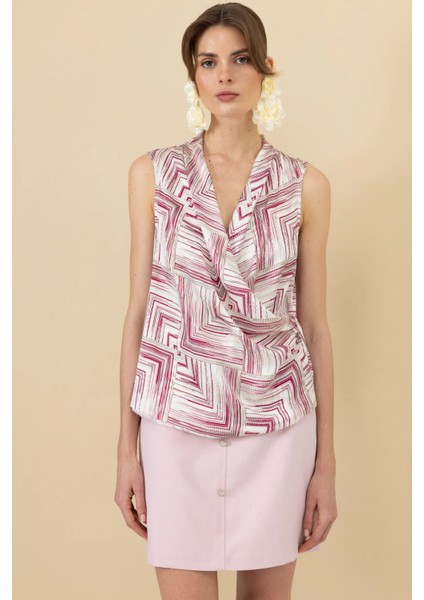 Kadın Desenli Kruvaze Bluz 3094 Pink