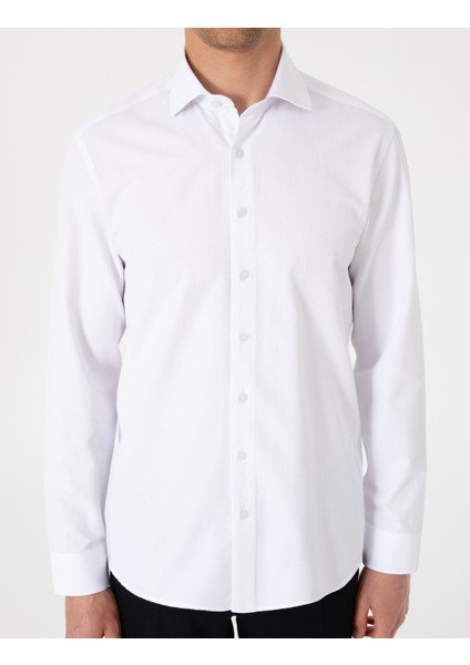 Erkek Beyaz Slim Fit Uzun Kollu Armürlü Gömlek 50307108-VR013