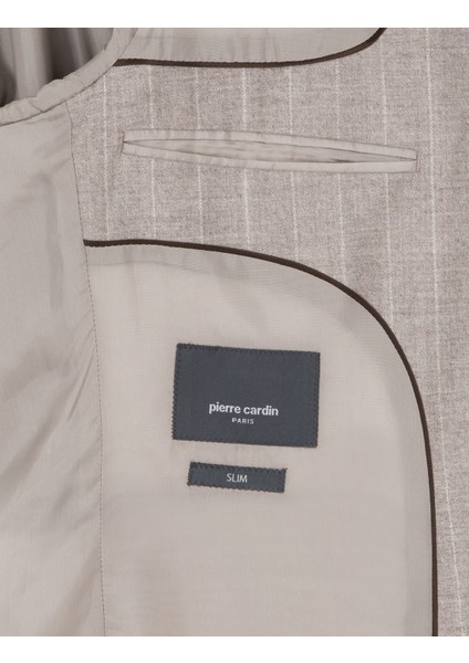 Erkek Bej Slim Fit Çizgili Yün Kaşmir Karışımlı Takım Elbise 50295308-VR011