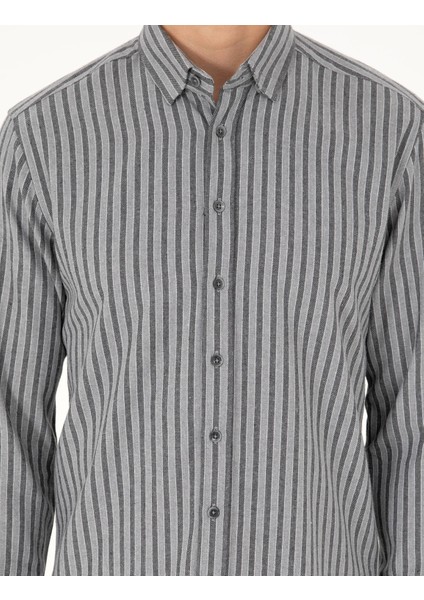 Erkek Gri Regular Fit Çizgili Uzun Kollu Gömlek 50292164-VR024