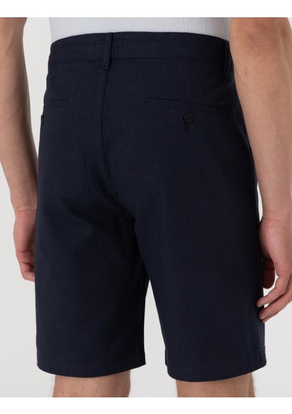 Erkek Lacivert Slim Fit Keten Karışımlı Beli Bağcıklı Dokuma Şort 50308147-VR033