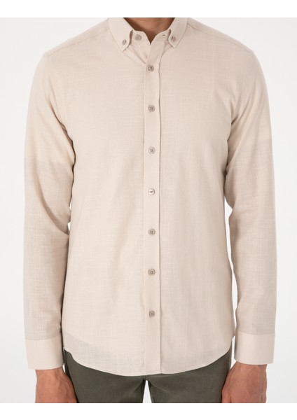 Erkek Bej Keten Görünümlü Slim Fit Uzun Kollu Gömlek 50307025-VR011