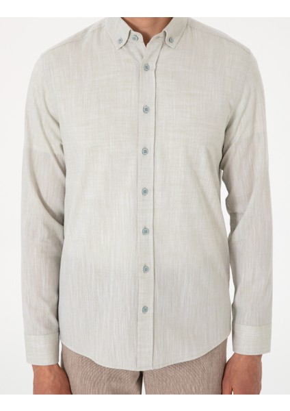 Erkek Çağla Keten Görünümlü Slim Fit Uzun Kollu Gömlek 50307025-VR016