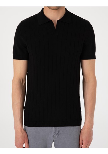 Erkek Siyah Slim Fit %100 Pamuk Polo Yaka Triko Tişört 50307334-VR046