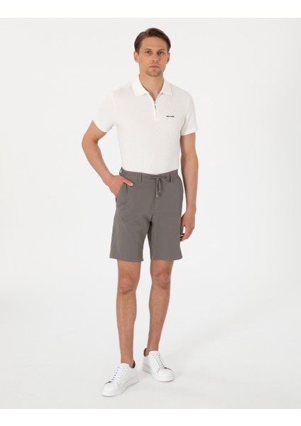 Erkek Vizon Slim Fit Beli Lastikli Bağcıklı Dokuma Şort 50305901-VR052
