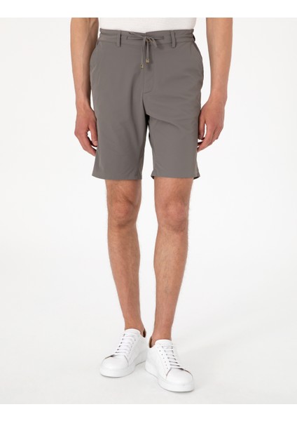 Erkek Vizon Slim Fit Beli Lastikli Bağcıklı Dokuma Şort 50305901-VR052