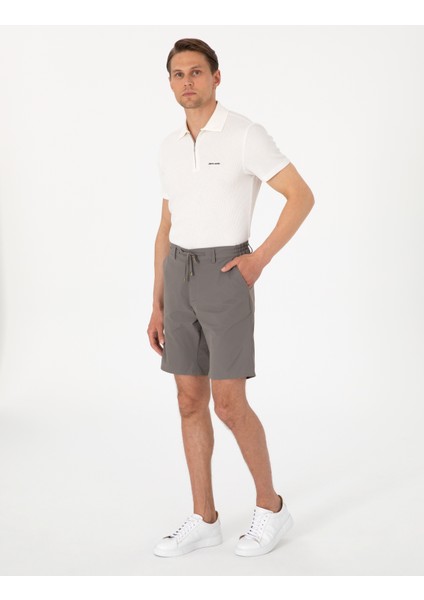 Erkek Vizon Slim Fit Beli Lastikli Bağcıklı Dokuma Şort 50305901-VR052