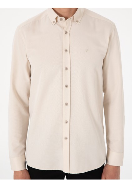 Erkek Bej Oxford Slim Fit Kolay Ütülenebilir Gömlek 50306996-VR011