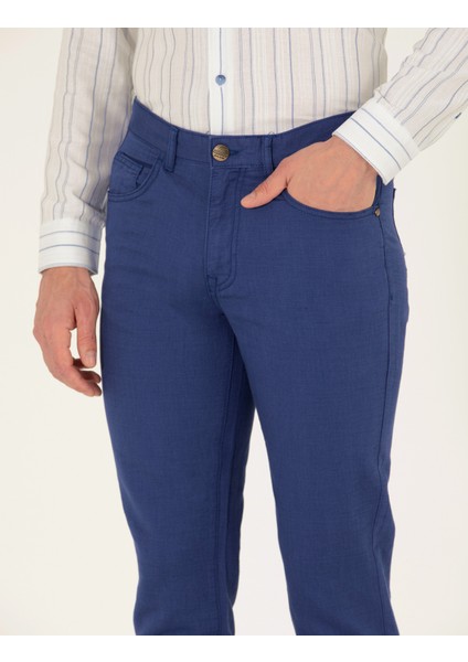 Erkek İndigo Slim Fit Keten Karışımlı Kanvas Pantolon 50268095-VR028