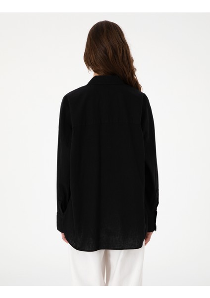 Kadın Siyah Oversize Keten Karışımlı Uzun Kollu Gömlek 50313128-VR046