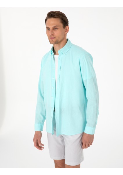 Erkek Nil Yeşili Keten Karışımlı Regular Fit Uzun Kollu Gömlek 50303388-VR083