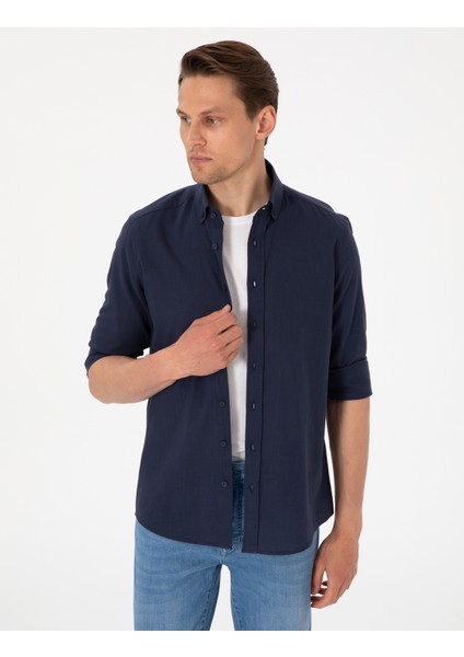 Erkek Koyu Lacivert Keten Görünümlü Slim Fit Uzun Kollu Gömlek 50307025-VR100