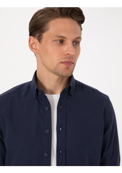 Erkek Koyu Lacivert Keten Görünümlü Slim Fit Uzun Kollu Gömlek 50307025-VR100