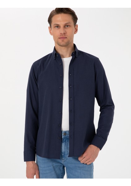 Erkek Koyu Lacivert Keten Görünümlü Slim Fit Uzun Kollu Gömlek 50307025-VR100
