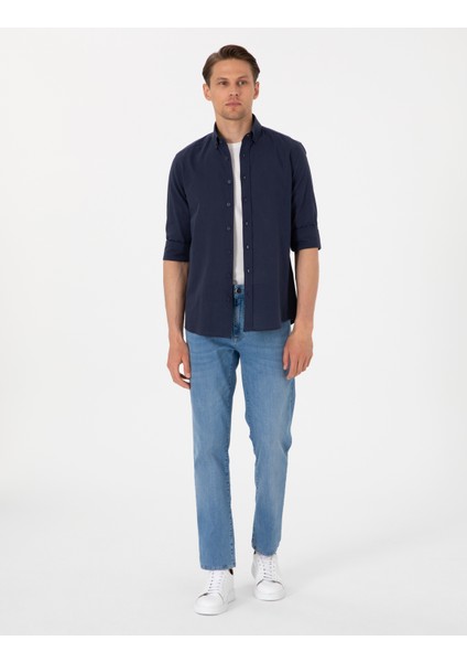 Erkek Koyu Lacivert Keten Görünümlü Slim Fit Uzun Kollu Gömlek 50307025-VR100