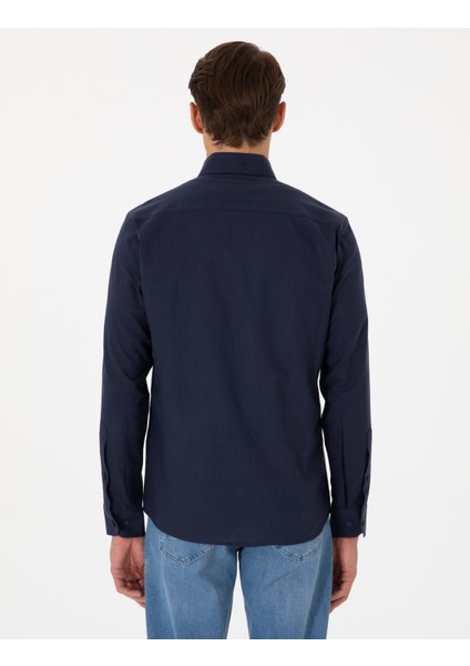 Erkek Koyu Lacivert Keten Görünümlü Slim Fit Uzun Kollu Gömlek 50307025-VR100