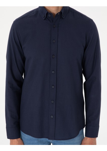 Erkek Koyu Lacivert Keten Görünümlü Slim Fit Uzun Kollu Gömlek 50307025-VR100