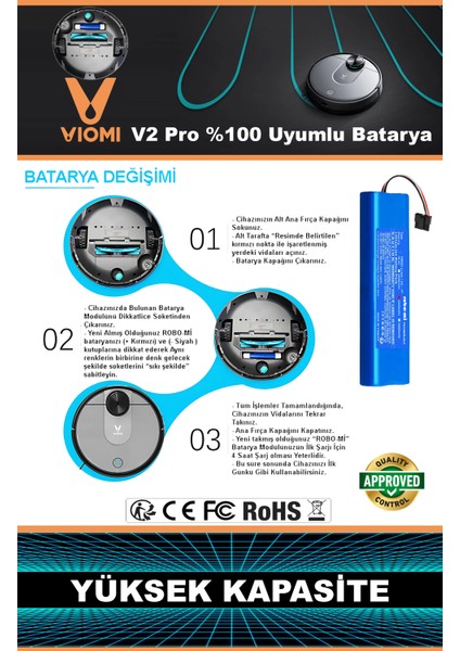 Vıomı V2 Pro Batarya 14.8V 3500MAH Akıllı Robot Süpürge Pili