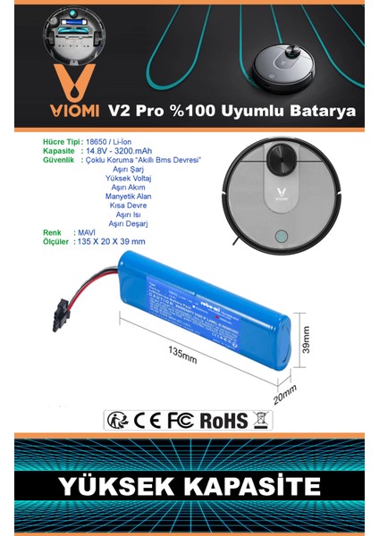Vıomı V2 Pro Batarya 14.8V 3500MAH Akıllı Robot Süpürge Pili