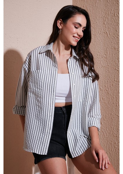 Regular Fit Uzun Kollu Çizgili Gömlek Bayan Gömlek 6772875