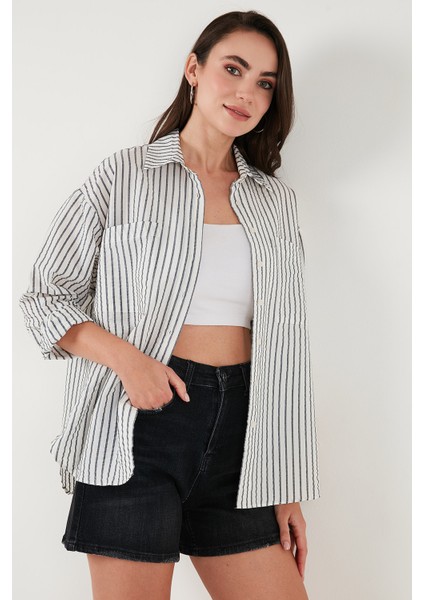 Regular Fit Uzun Kollu Çizgili Gömlek Bayan Gömlek 6772875