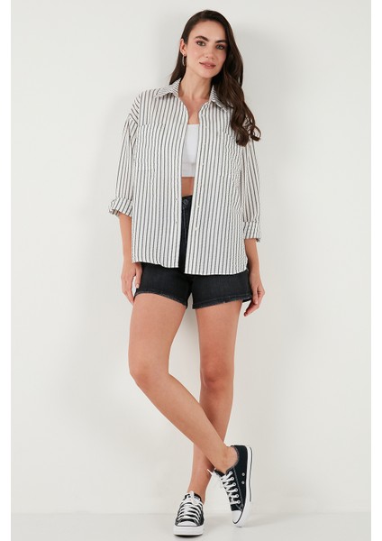 Regular Fit Uzun Kollu Çizgili Gömlek Bayan Gömlek 6772875