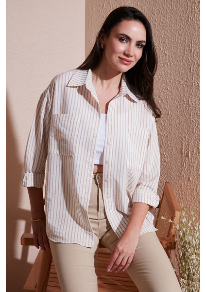 Regular Fit Uzun Kollu Çizgili Gömlek Bayan Gömlek 6772875