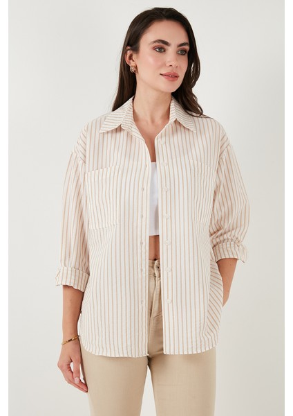 Regular Fit Uzun Kollu Çizgili Gömlek Bayan Gömlek 6772875