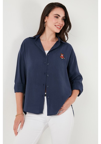 Pamuk Karışımlı Regular Fit Ayıcık Işlemeli Gömlek Bayan Gömlek 6773106 modelleri