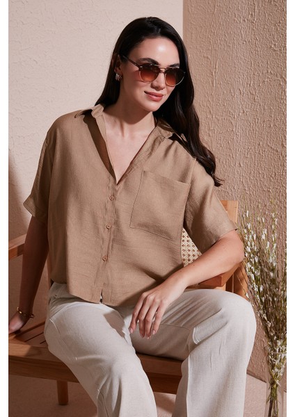 Regular Fit Göğüs Cepli Kısa Kollu Gömlek Bayan Gömlek 6779324