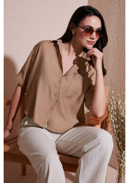 Regular Fit Göğüs Cepli Kısa Kollu Gömlek Bayan Gömlek 6779324