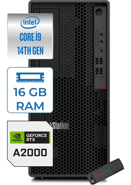 Thinkstation P2 Tower Intel I9-14900K 16GB Ddr5 4tb SSD Nvıdıa 12GB/ RTXA2000 750W Windows 11 Pro Workstatıon Bilgisayar WS30FR003YTR04+ZETTAUSBBELLEK