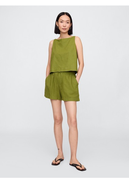 Kadın Haki Bağcıklı Keten Karışımlı Şort