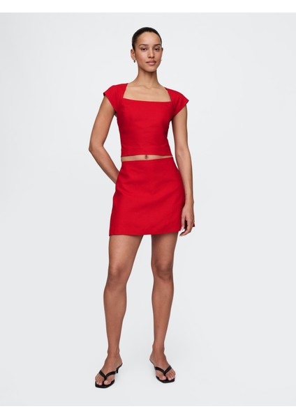 Kadın Kırmızı Keten Karışımlı Mini Şort Etek