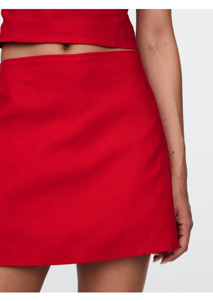 Kadın Kırmızı Keten Karışımlı Mini Şort Etek modelleri