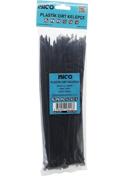 100PCS Siyah 3.6X250MM Plastik Cırt Kelepçe