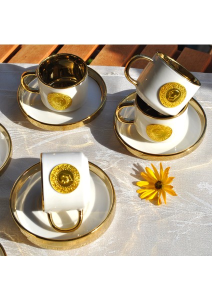 6'Lı 12 Parça Altınlı Türk Kahve Fincan Takımı Porselen Yaldızlı