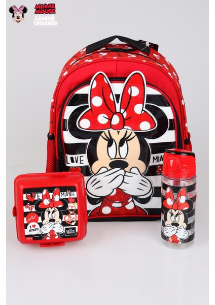 Yeni Sezon Lisanslı Mınnıe Mouse Okul Çantası,Beslenme Kabı Ve Matara 500 Ml Okul Seti