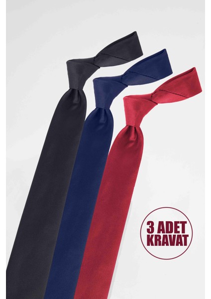 3'lü Paket Düz Ince Siyah-Lacivert-Bordo Erkek Kravat