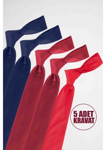 5'li Paket Düz Klasik Cep Mendilli Lacivert-Bordo-Kırmızı Erkek Kravat