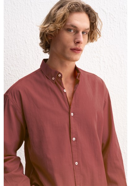 Oversize Dökümlü Hafif Keten Gömlek