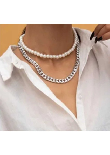Silver Zincir Inci Kolye