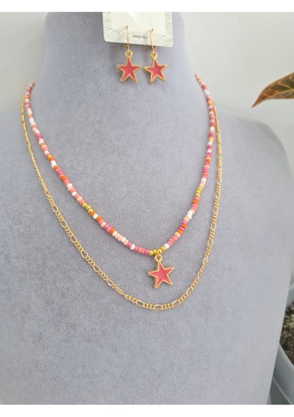 Kum Boncuklu Zincirli Ikili Kolye & Küpe Takımı