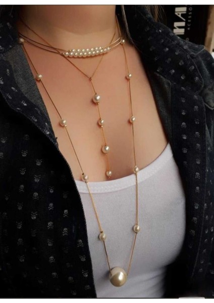 Gold Uzun Zincir Incili Kolye