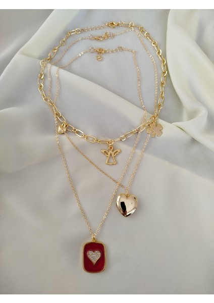 3' Lü Gold Zincir Kalp Melek Detaylı Kolye