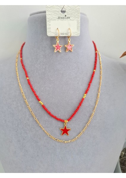 Kum Boncuklu Zincirli Ikili Kolye & Küpe Takımı