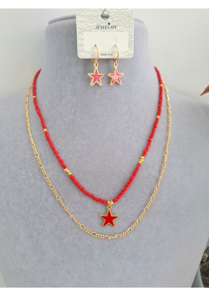 Kum Boncuklu Zincirli Ikili Kolye & Küpe Takımı fiyatları